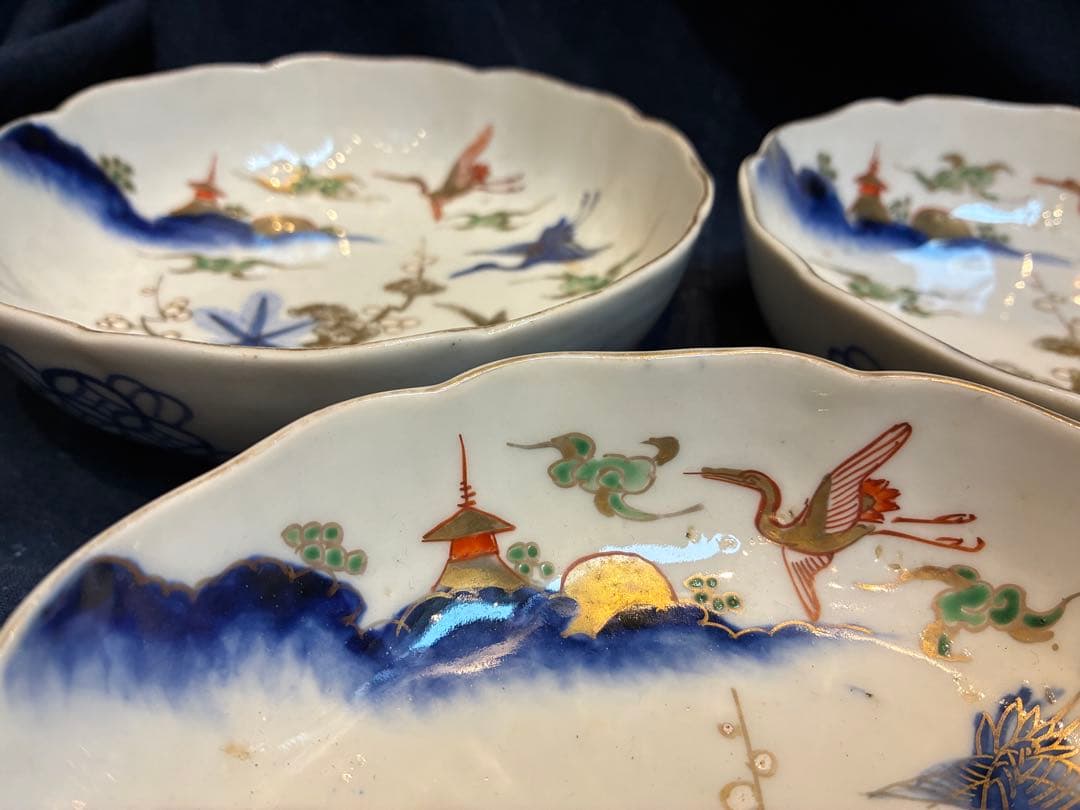 古伊万里 色絵金彩 なます皿 3枚 雲鶴 松竹梅 傷なし 明治