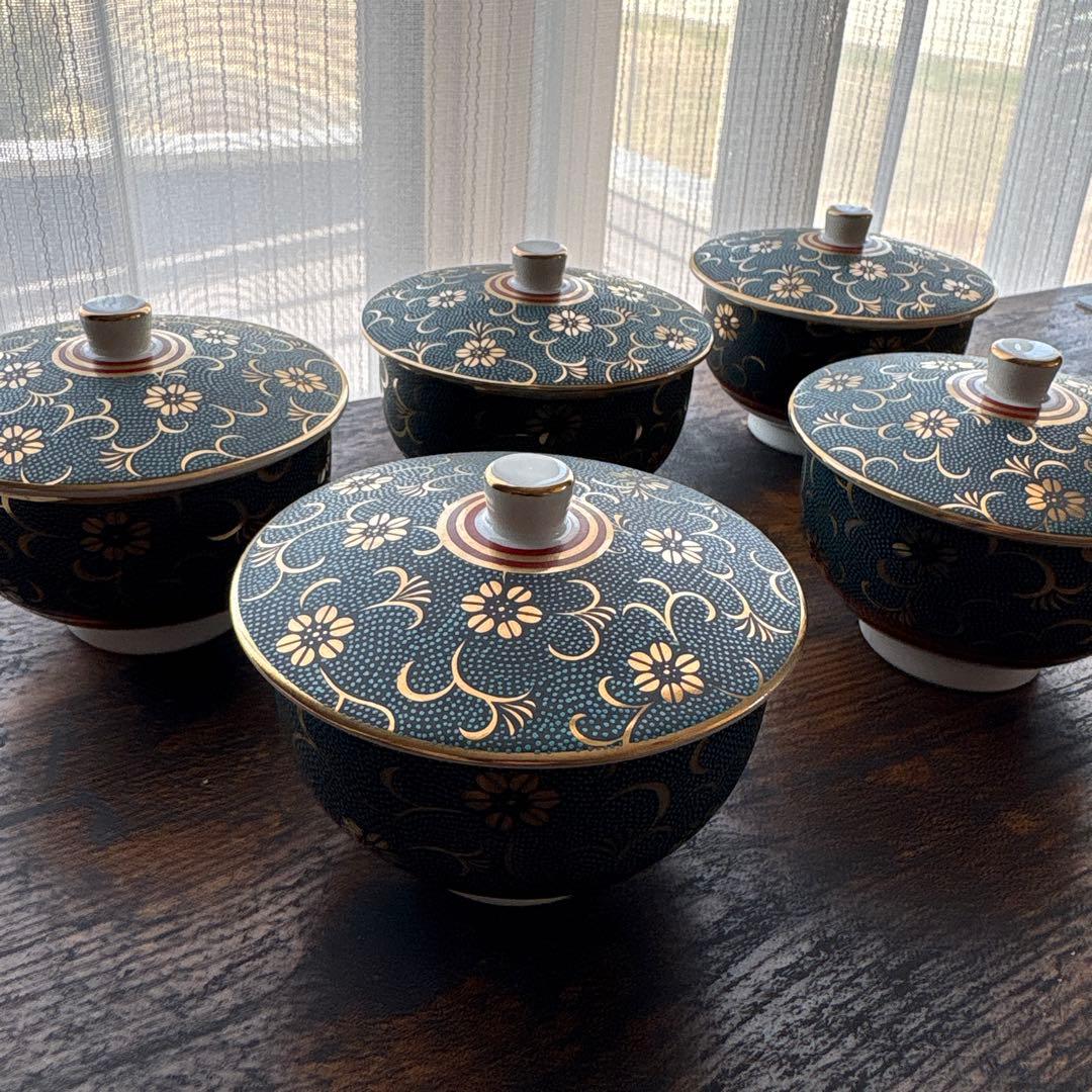 美品】九谷焼 蓋付き湯呑 5客セット 青粒鉄仙 金彩 茶器 伝統工芸 箱