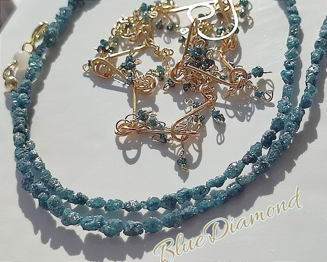 14Kgf ブルー ダイヤモンド 原石 ネックレス 男女兼用 誕生石 贈り物