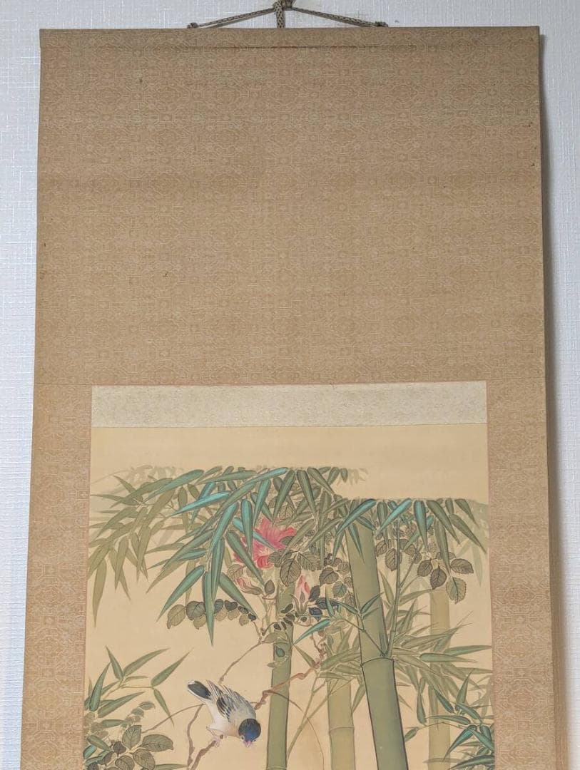 真作】掛軸 谷川紫鳳 竹花鳥図 花と小鳥の彩色画 日本画 合箱入 U64