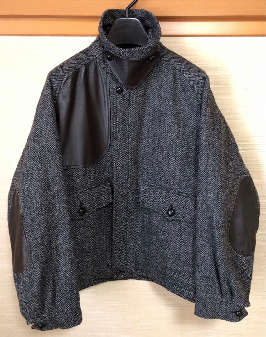 良品】Burberry ウール ツイードブルゾン M レザーパッチ チンスト付