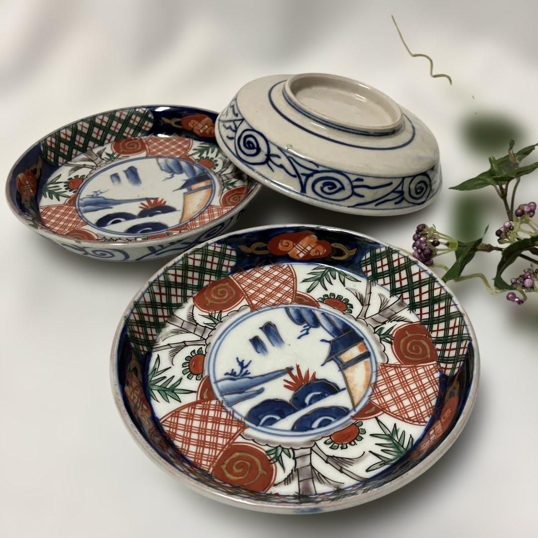 伊万里焼 古伊万里 色絵染付皿 中皿3枚 明治、大正、昭和初期 山水図