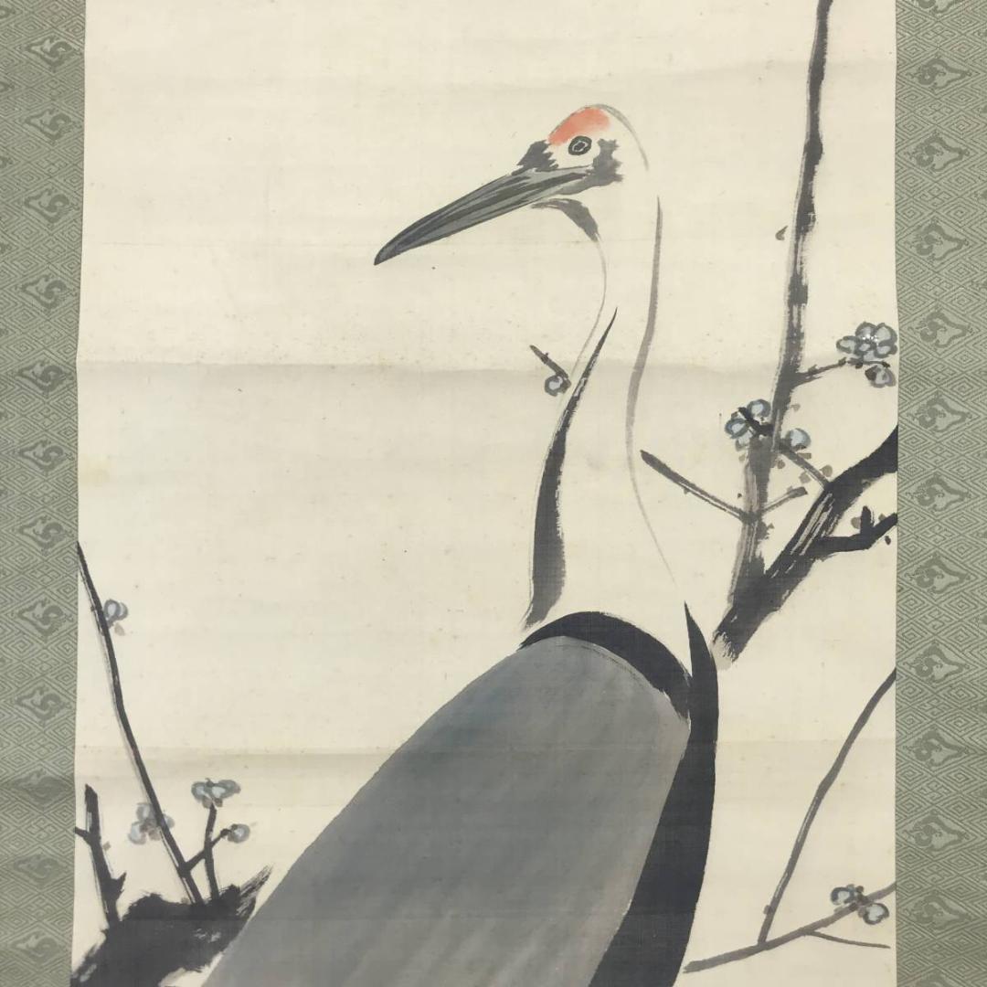 【真作】今尾景年/梅に鶴図/掛軸☆宝船☆AB-683