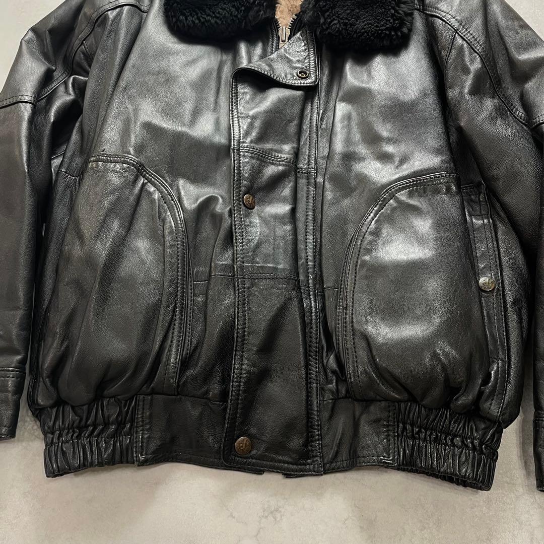 チェキアンラム×羊革】archive レザージャケット 襟ボア 黒 XL相当