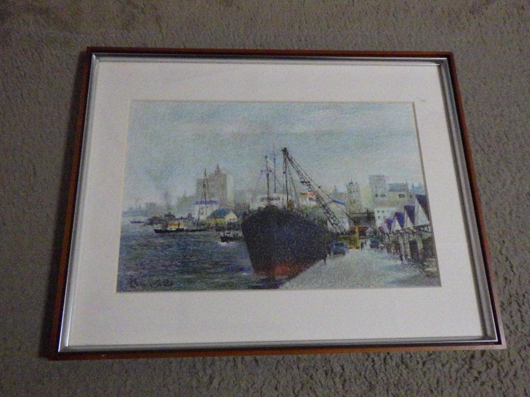 真作 佐藤忠一 クレヨン画 港風景 自筆サイン P6 額装