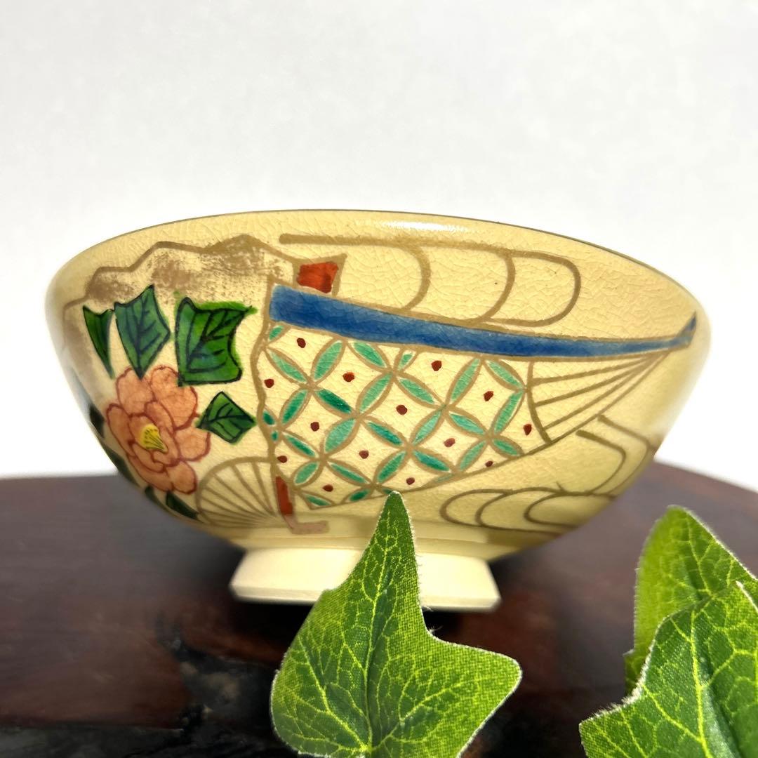 京焼 清水焼 平安覚人 金彩扇椿柄 平茶碗 夏茶碗 抹茶茶碗 茶道具