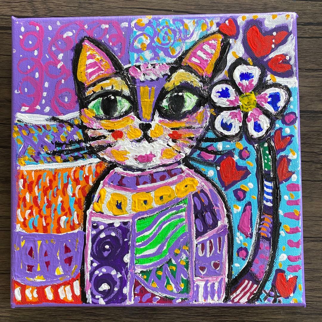 カラフルな猫のアクリル絵画 抽象画 POPアート 「猫の春ちゃん」20×20