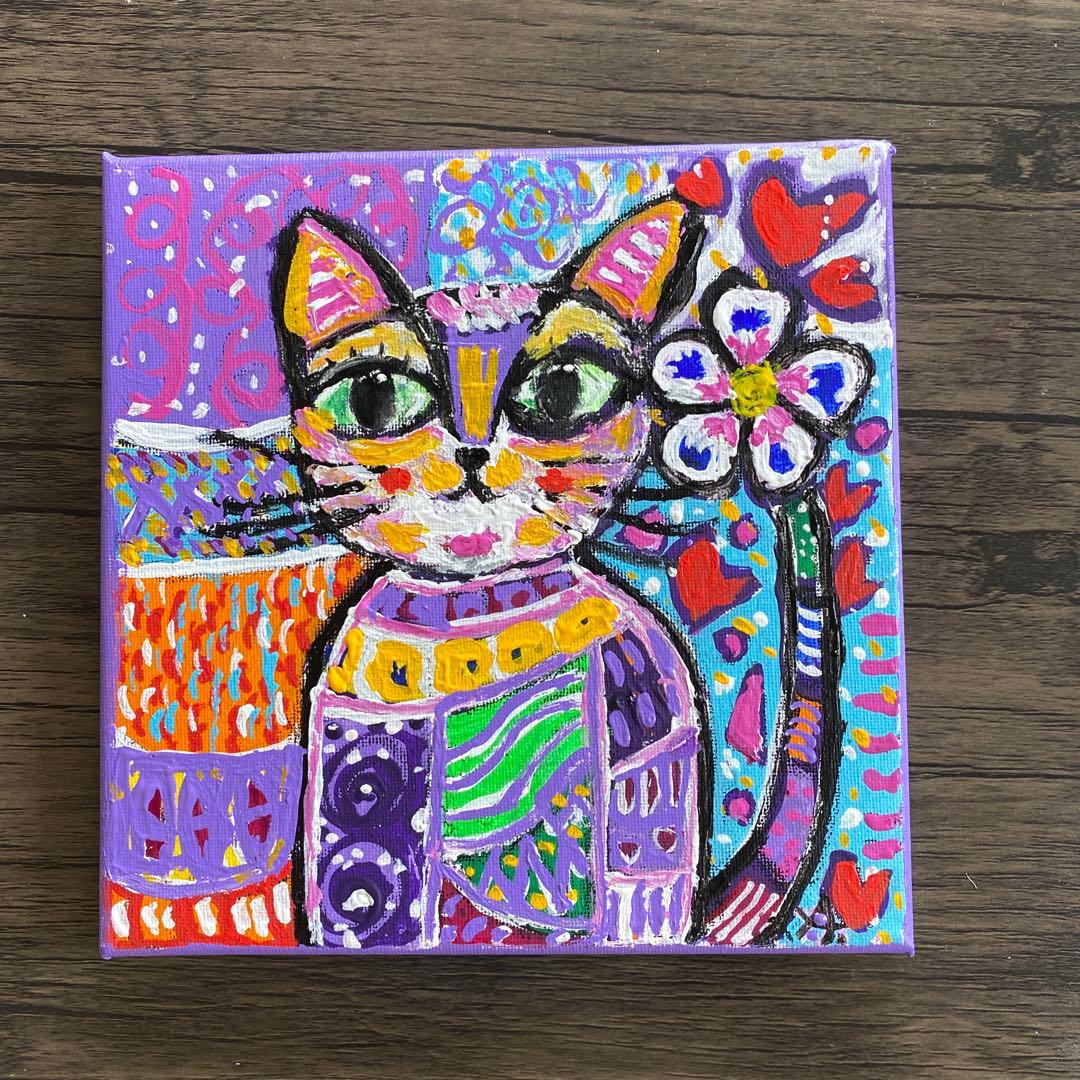 カラフルな猫のアクリル絵画 抽象画 POPアート 「猫の春ちゃん」20×20