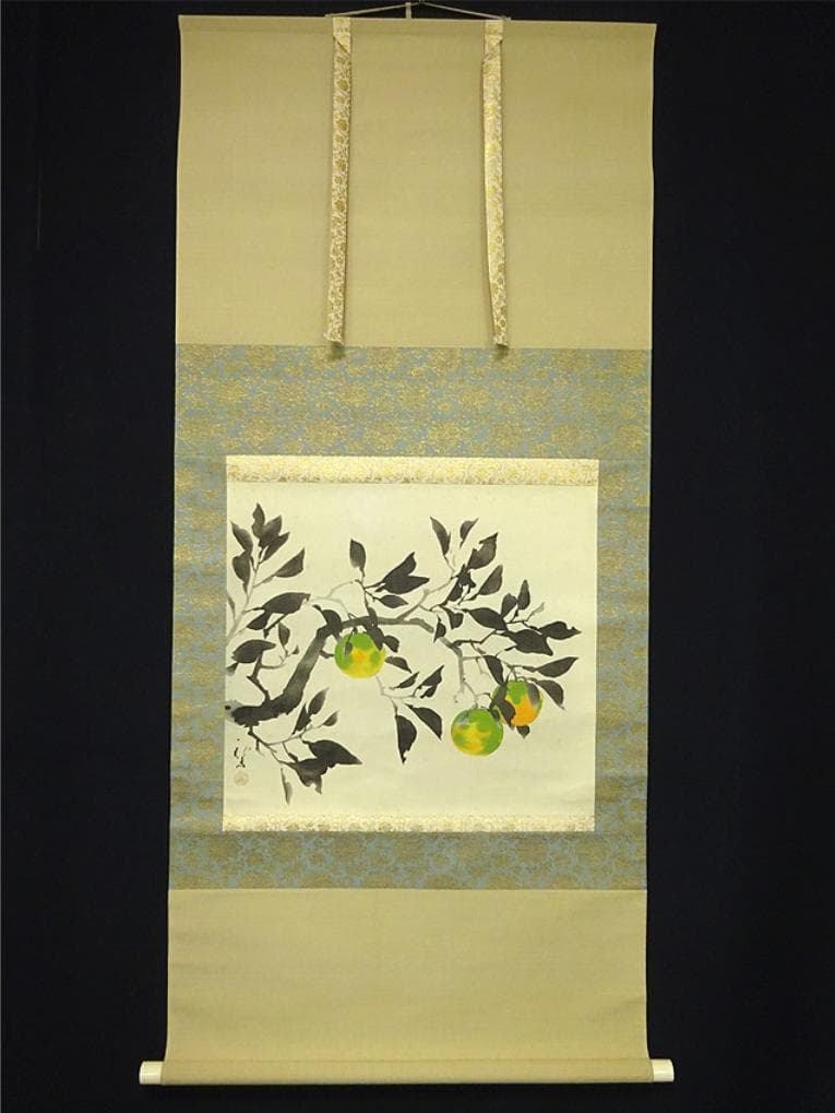 【複製巧芸画】掛軸 川端龍子『酢橘図』絹本 合せ箱付 掛け軸 a092915