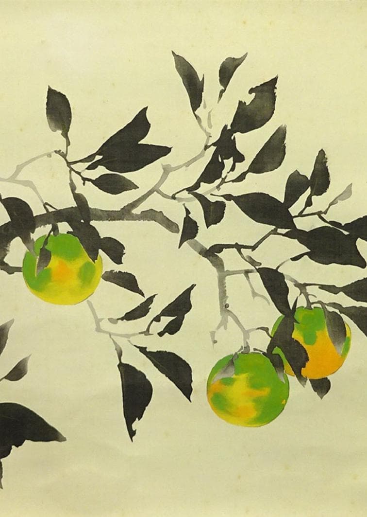 【複製巧芸画】掛軸 川端龍子『酢橘図』絹本 合せ箱付 掛け軸 a092915