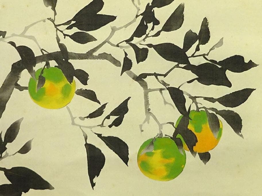 【複製巧芸画】掛軸 川端龍子『酢橘図』絹本 合せ箱付 掛け軸 a092915