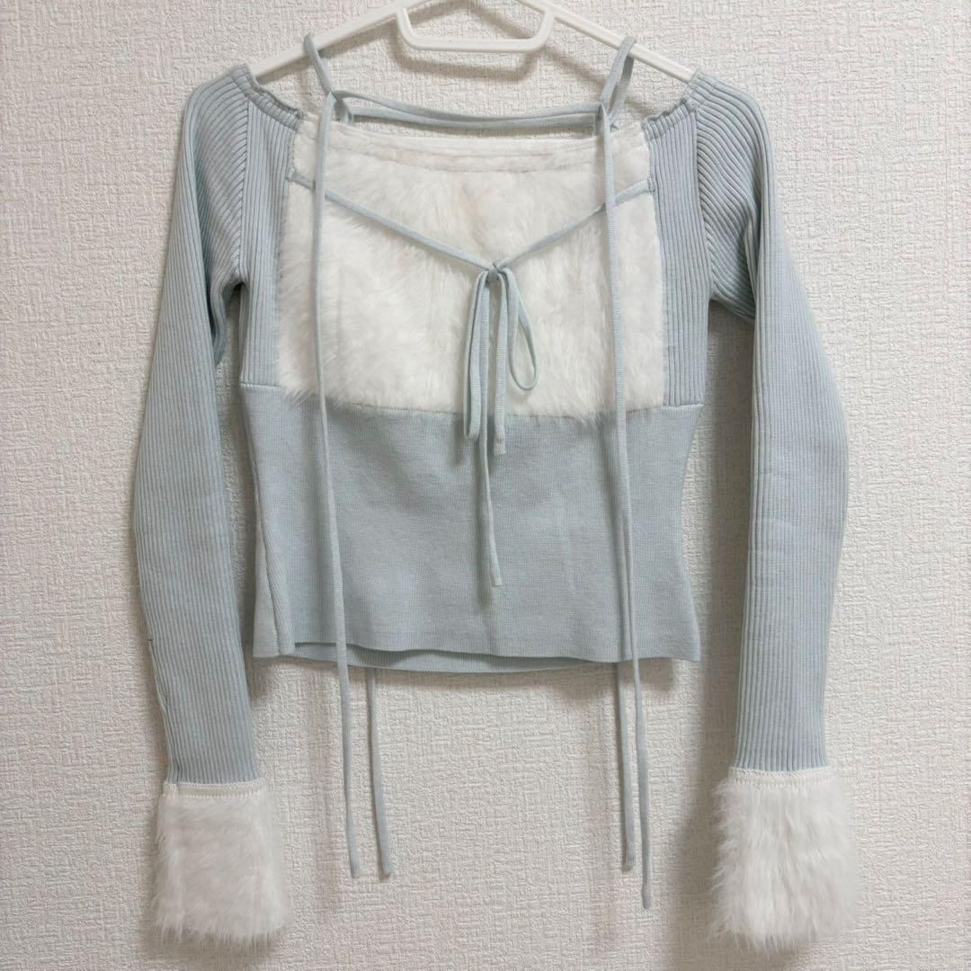 lumignon Ribbon bust fluffy tops ライトブルー