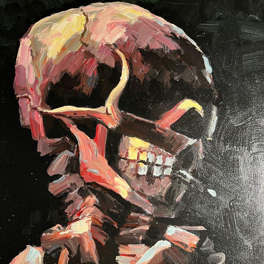 ☆秀作☆手書き油絵 ゴッホ タバコを咥えた骸骨 額付き 肉筆絵画 油彩