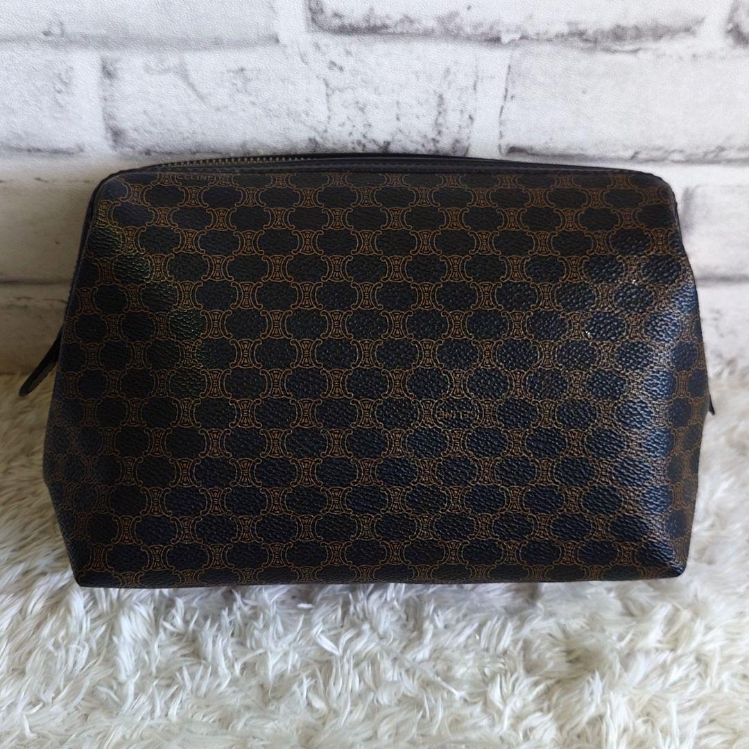 美品 セリーヌ 黒マカダム メイクポーチ トリオンフ PVC レザー 小物