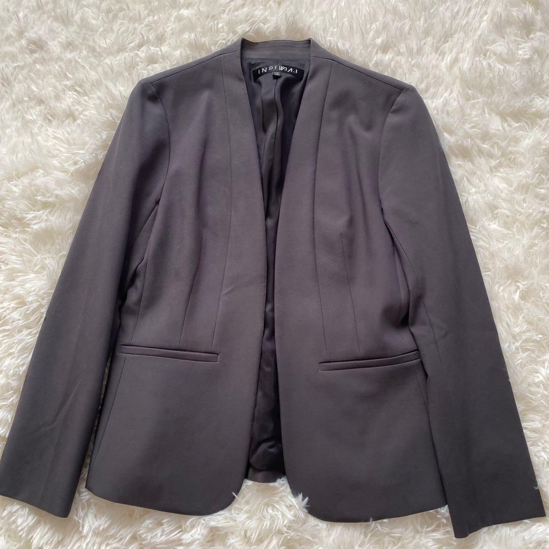 インディヴィ ノーカラージャケット セットアップ グレー パンツスーツ