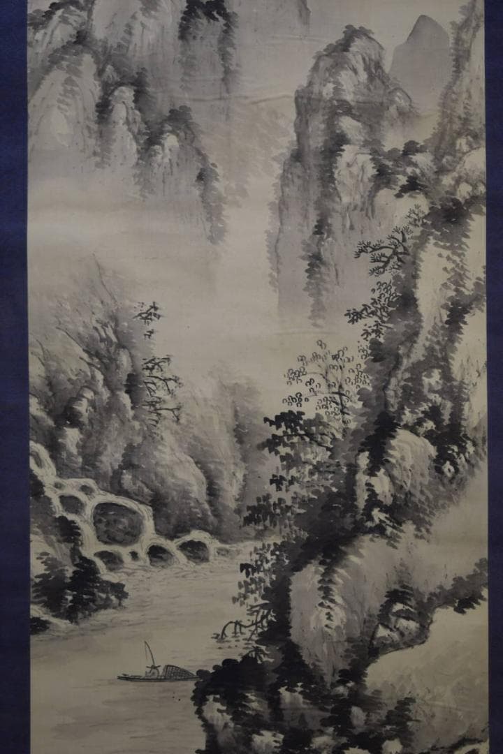 不詳/作者不詳/山渓釣舟画賛/布袋屋掛軸HE-189