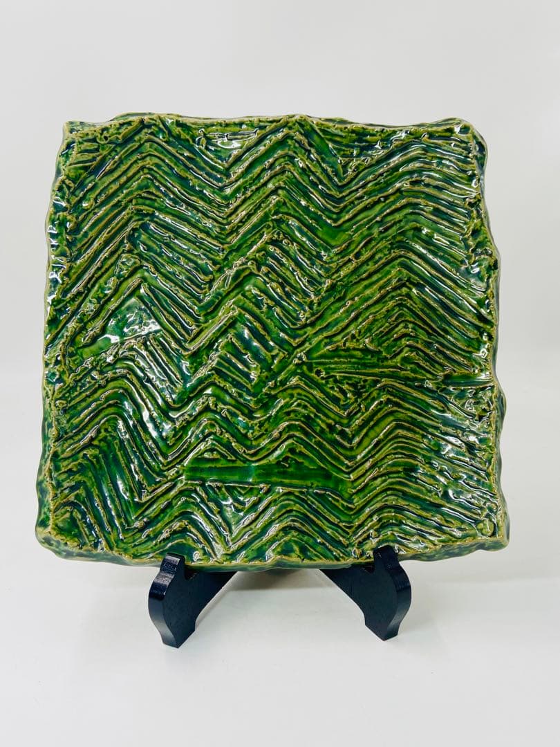 翔武窯】織部 四方皿 道場六三郎デザイン 角皿 桐共箱 美品