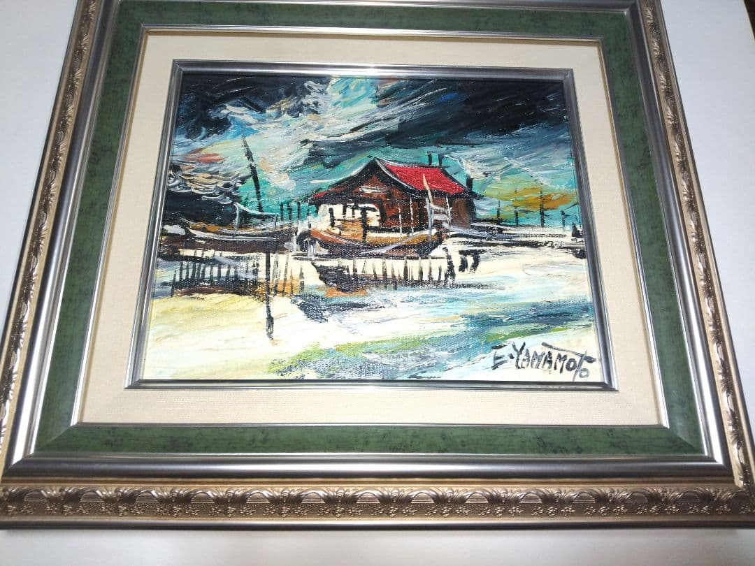 絵画、油彩、３号、夜の海、山本英二、額縁付き、真作、肉筆。 絵画、油彩、6F美人画、裸婦、山本英二、夏の風、額縁付き真作、肉筆