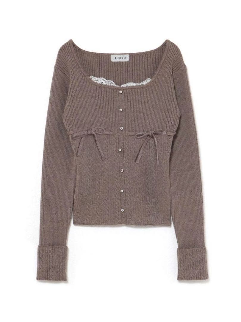 BUBBLES リボンケーブルニットトップス　ブラウン BUBBLES】リボンケーブルニットトップス | sparkling mall online store