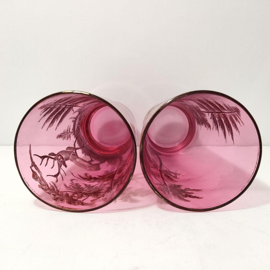 W253 ボヘミアガラス グラビ ル技法 赤被せ 金彩 鹿 森の図 2客セット