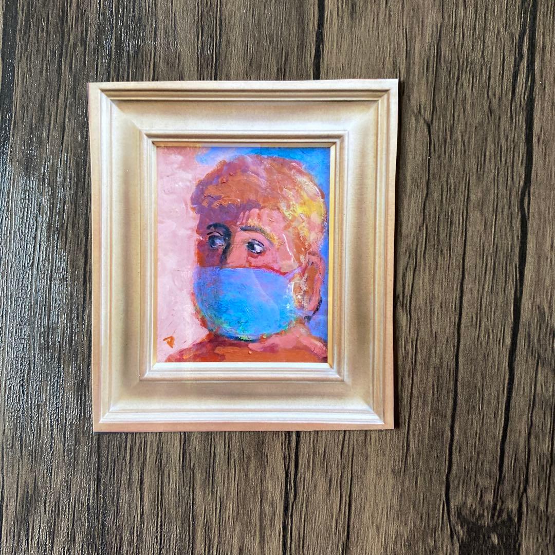 絵画 油絵 油彩画 菊地正則 「マスクをする男」F3号 額付き サインあり