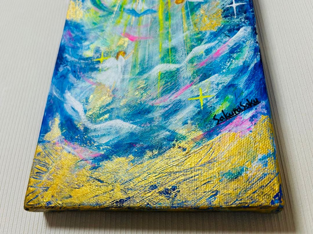 降り注ぐ金色の光】,天使,angel,空,青空,光,ブルー,青,青い鳥,抽象画