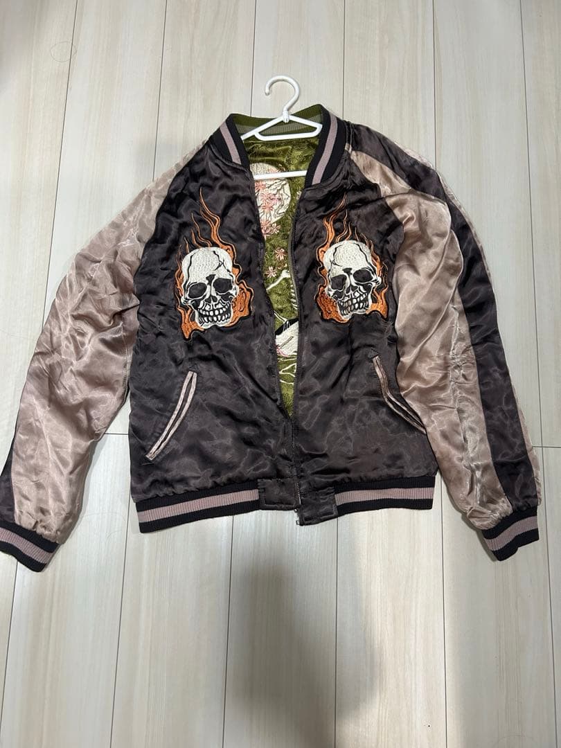スカジャン　花旅楽団 髑髏 三味線 野晒 月 リバーシブル 花旅楽団 スカジャン メンズ レディース ユニセックス ジャケット が