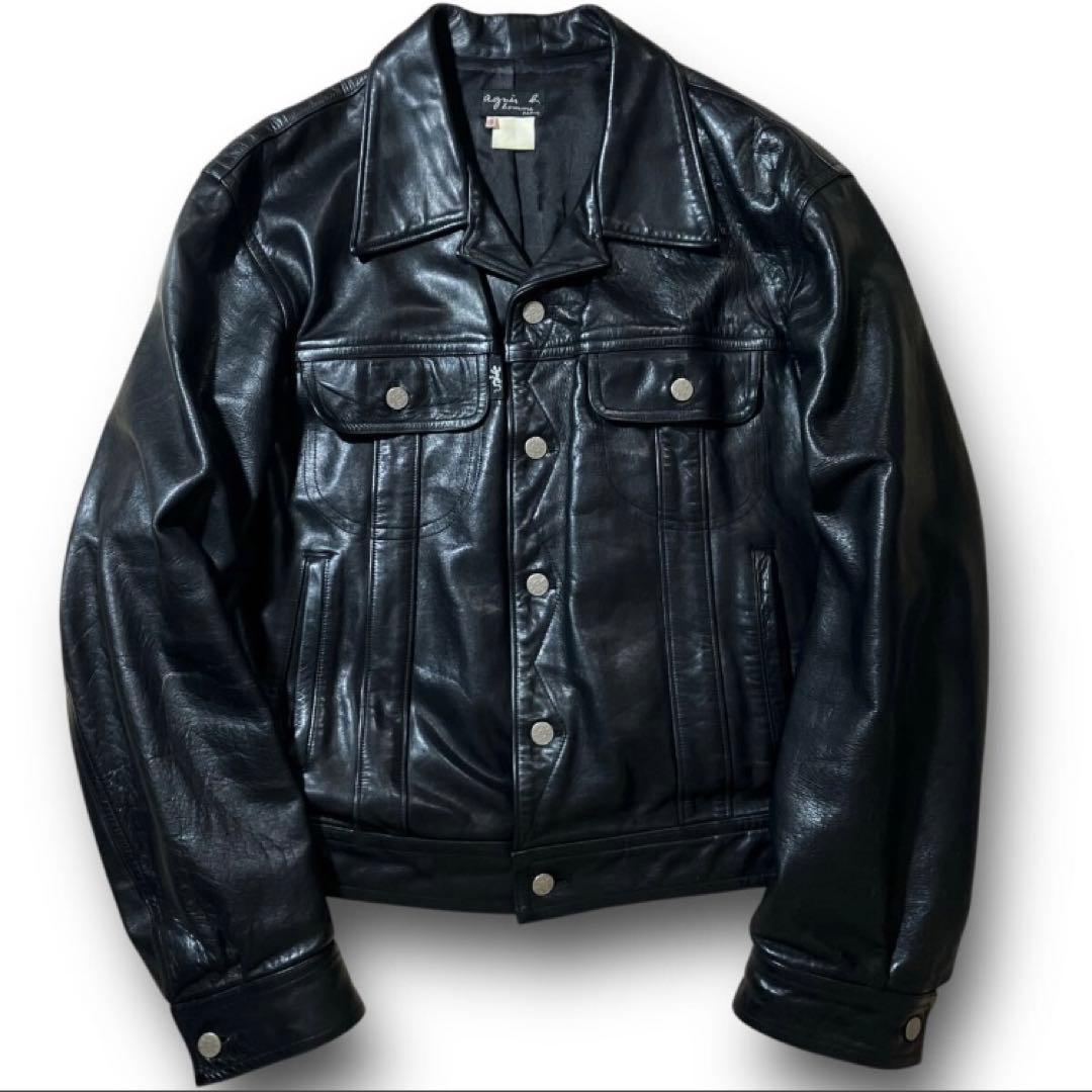 美品!希少 agnes b. homme 90s レザー トラッカージャケット - メルカリ