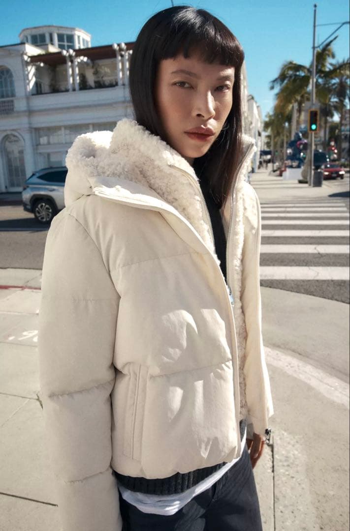 ZARA】ザラ L フェイクシープスキンフード付き撥水ウィンドブレーカー