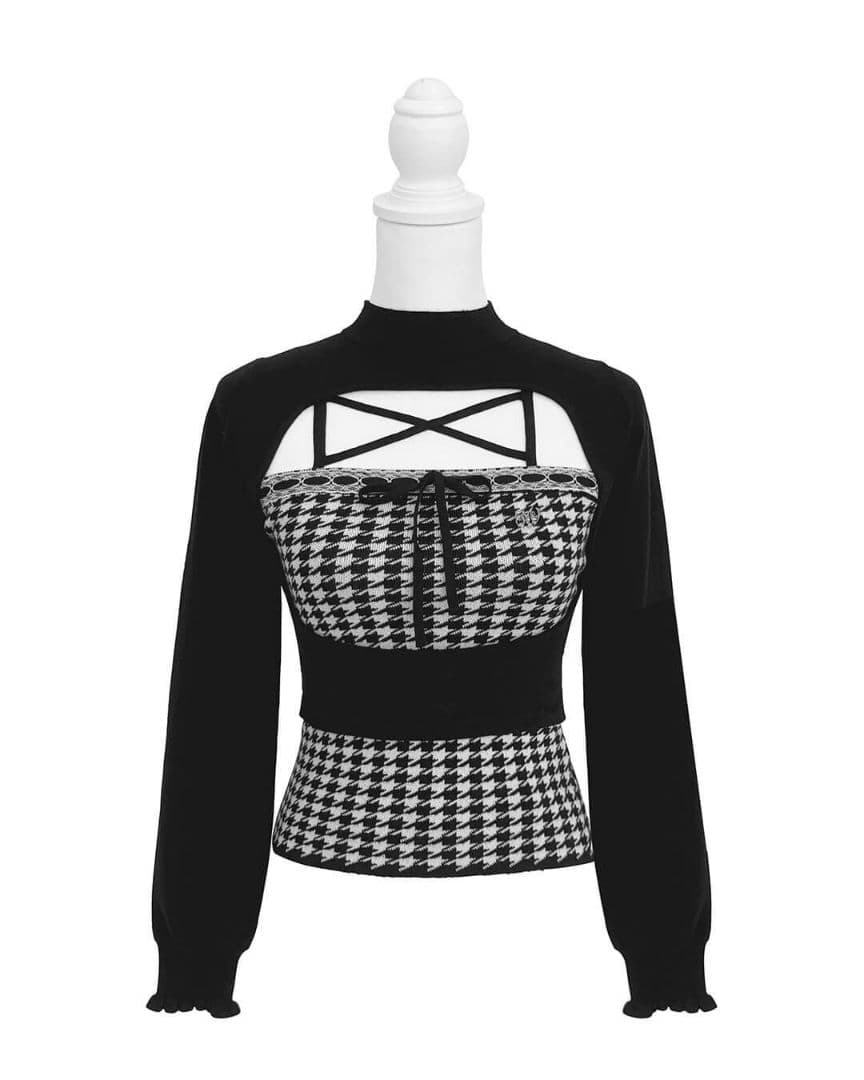 ハニーミュウ 千鳥柄ハイネックアンサンブルトップス ブラック