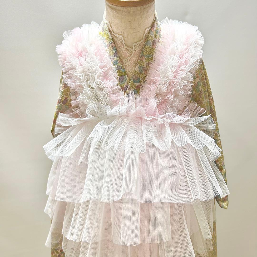 被布エプロン【ホワイトピーチフリル】 チュール被布 被布ドレス