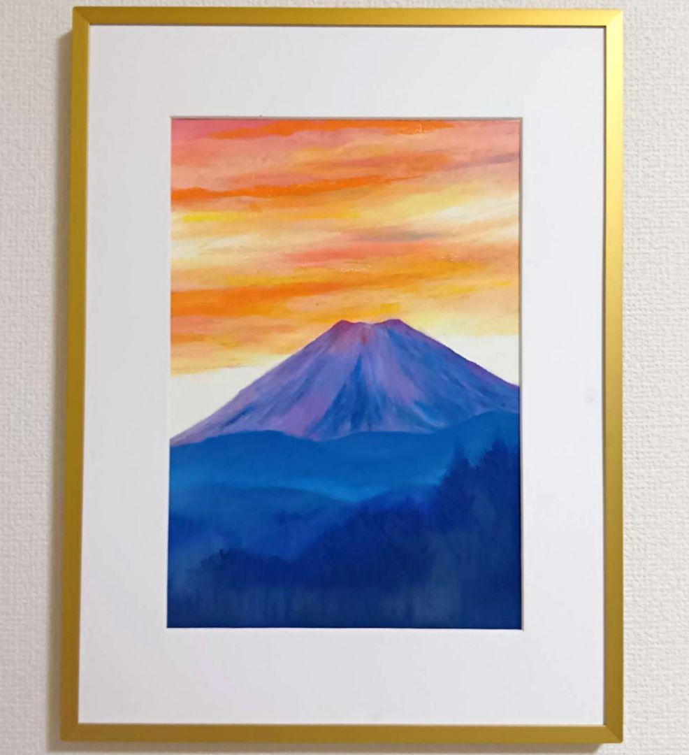 富士山　オイルパステル原画　A4サイズ 額無し　開運