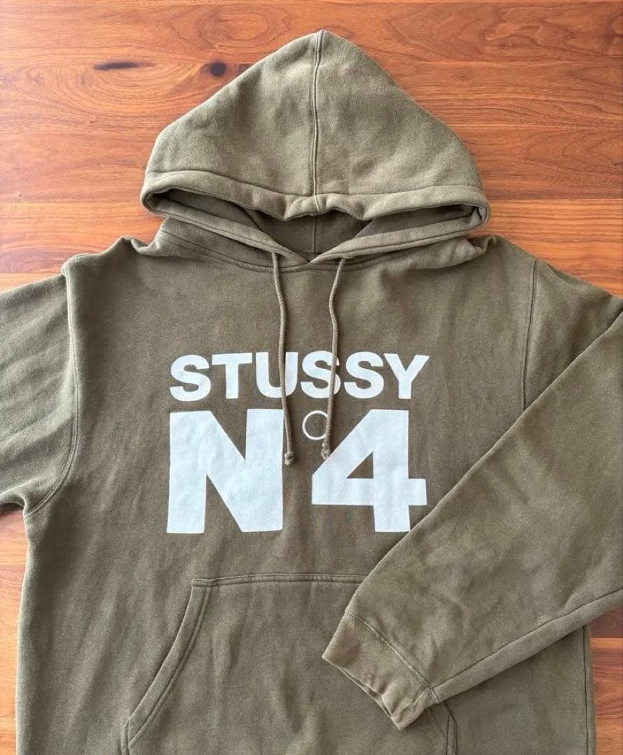 STUSSY パーカー フーディー N4 メンズ L カーキ 90s ビッグロゴ