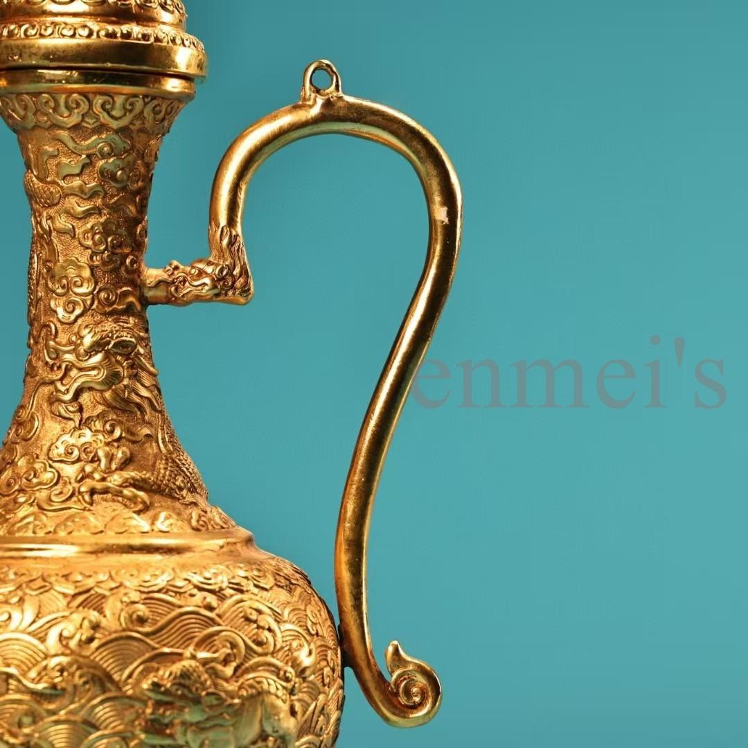 中国古美術・珍蔵純銅製・鎏金・酒器・高浮彫酒壺・純手作り・茶道具