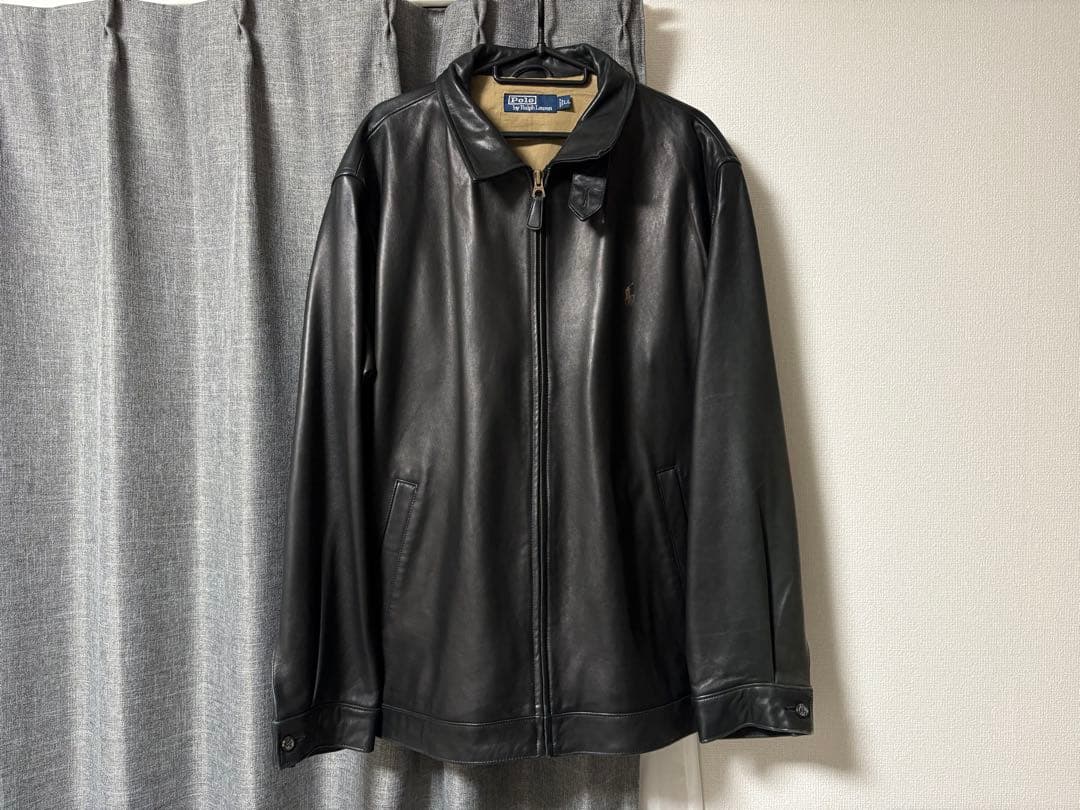 OLD Polo by Ralph Lauren ブラックレザージャケット LL ポロラルフローレン ロゴ刺繍 革ジャン 本革 黒 ブラック チンスト付き