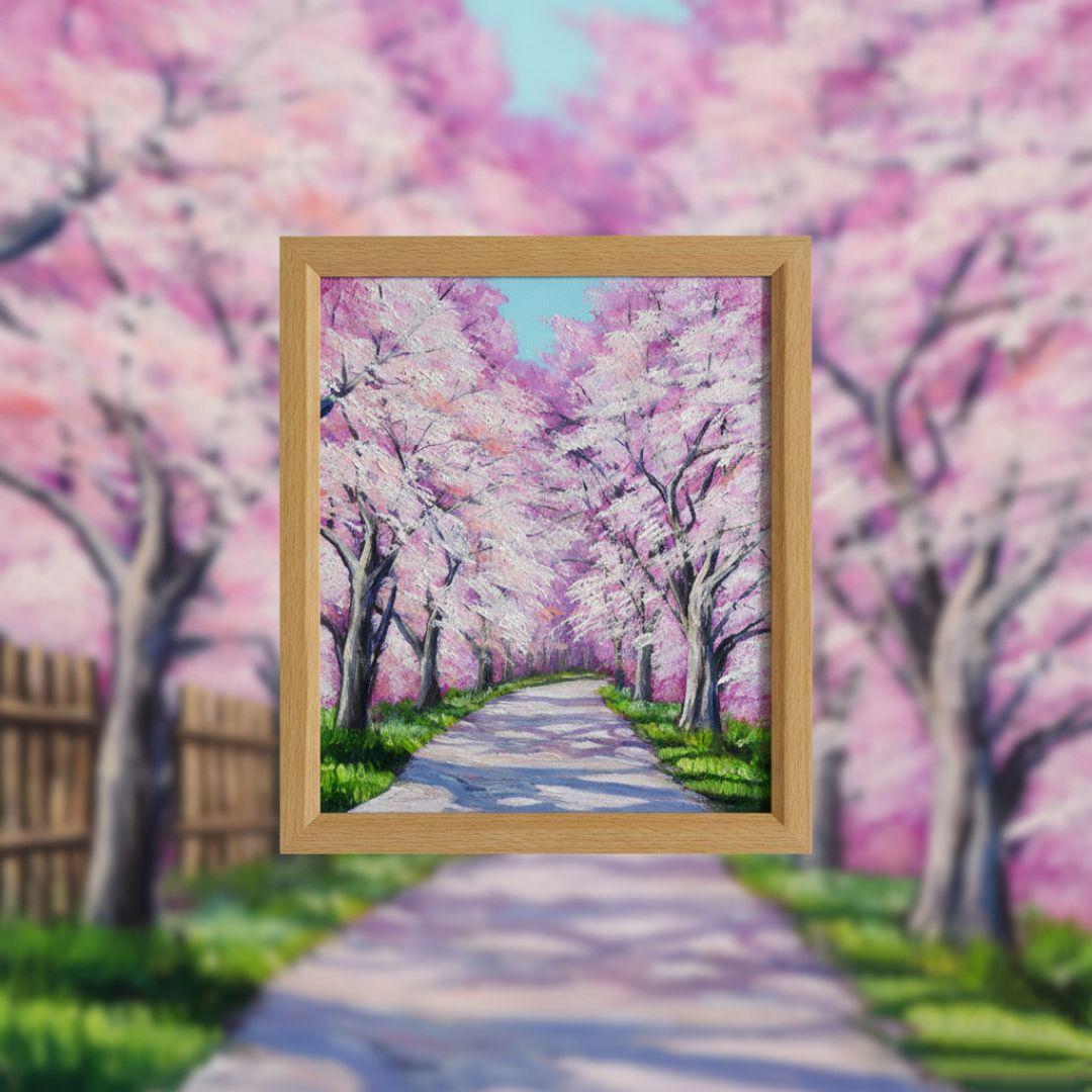 油絵 絵画【満開の桜のトンネル】原画 額縁付き 春の風景画 ギフトにも