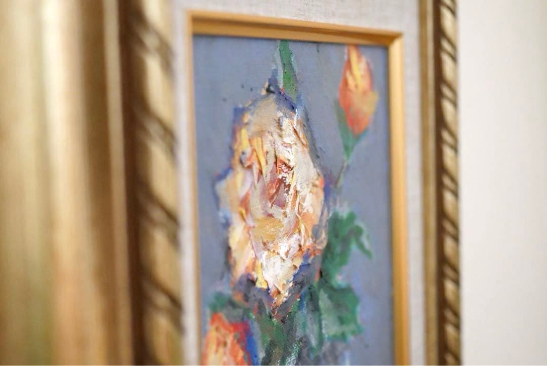【肉筆】油絵 薔薇 豪華額縁付き 薔薇の絵 真筆 アンティーク インテリア 風水