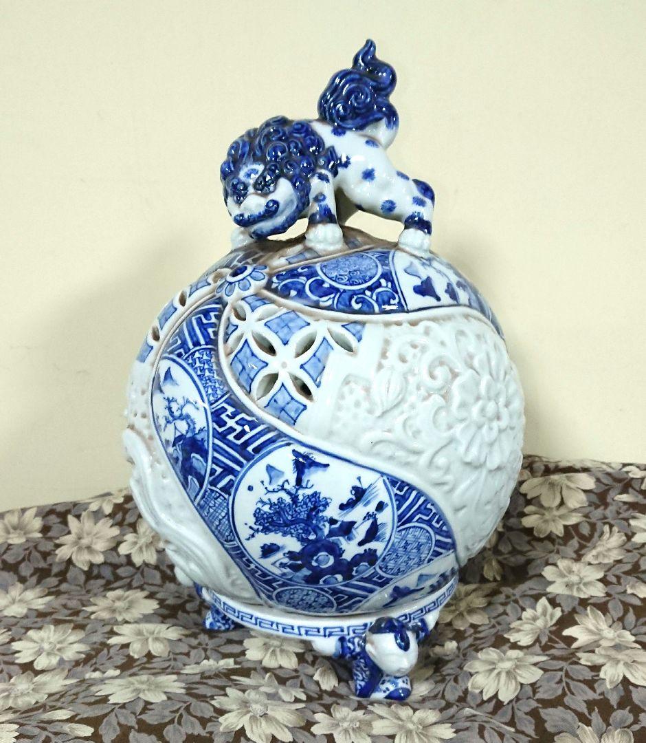 稀少 在銘 陶器製 中国 五良大甫呉祥瑞造 染付 獅子 香炉 高さ20.5cm 五良太甫呉祥瑞造 火入 - 古美術 美養