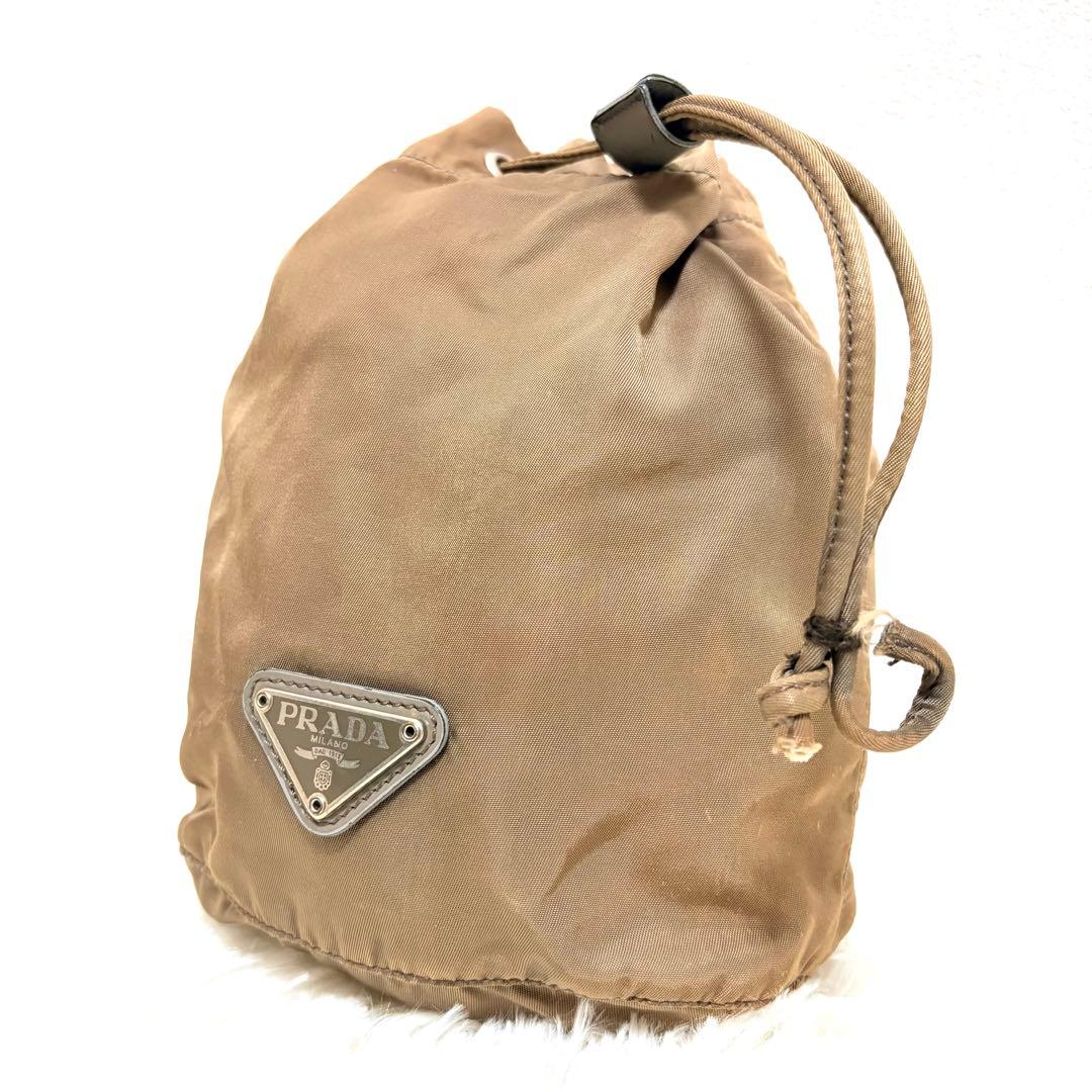 ヴィンテージ】PRADA プラダ 巾着ポーチ カーキ ナイロン 三角ロゴ