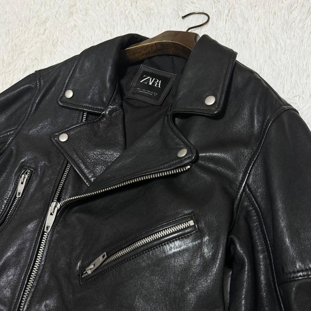 ☆リアルレザー☆【ZARA】 ラムレザー ダブルライダースジャケット L 黒