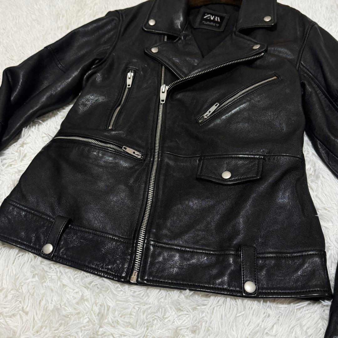 ☆リアルレザー☆【ZARA】 ラムレザー ダブルライダースジャケット L 黒