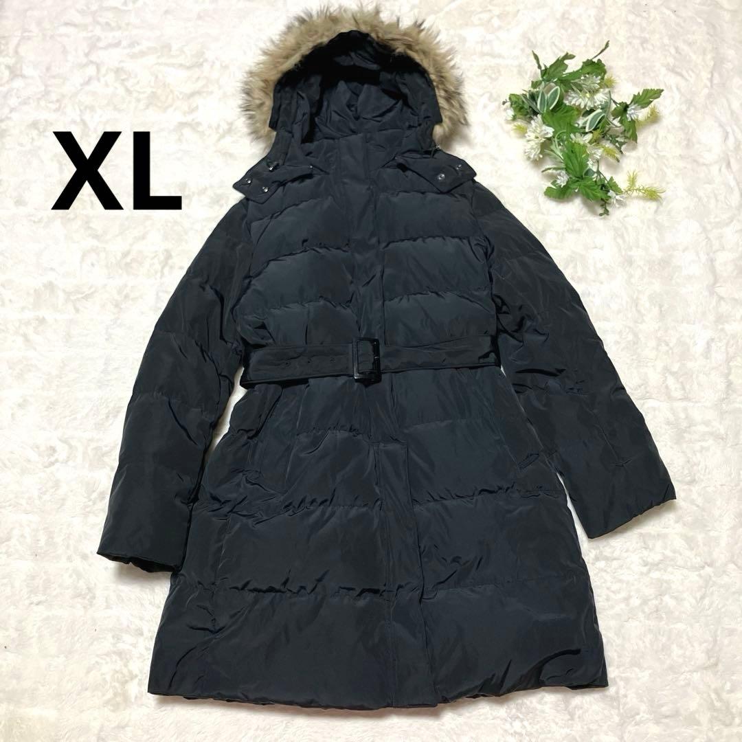 ユニクロ ファー フード ベルト付き ダウン ロング コート XL ブラック