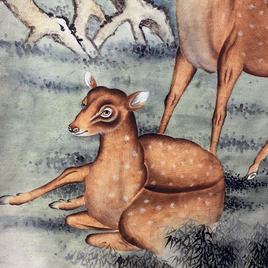 沈銓 双鹿図（双祿図） 中堂掛け軸　中国吉祥画　宣紙　書画工芸