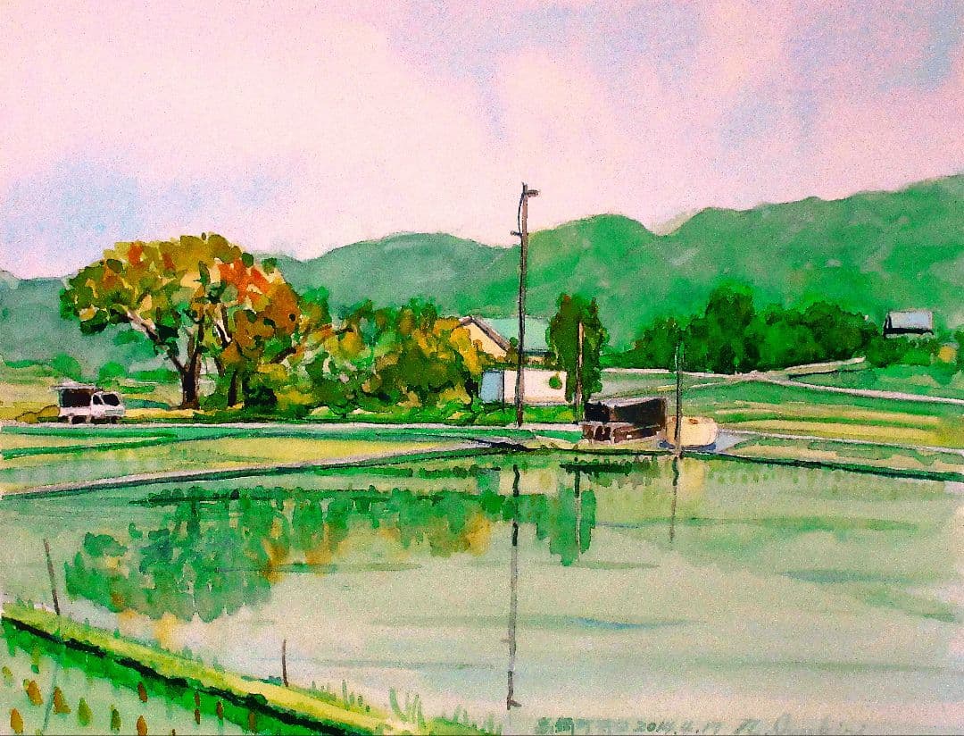 田園風景 水彩画 フレーム付き 原画 F6サイズ カキツバタの咲く水辺」透明水彩画 原画 風景画 額縁付 F6サイズ 絵画