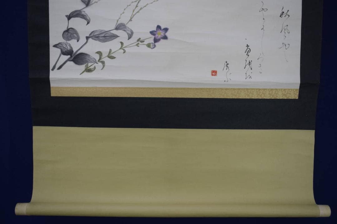 不詳/作者不詳/桔梗画賛/秋風や・・・/横物/花/布袋屋掛軸HK-34