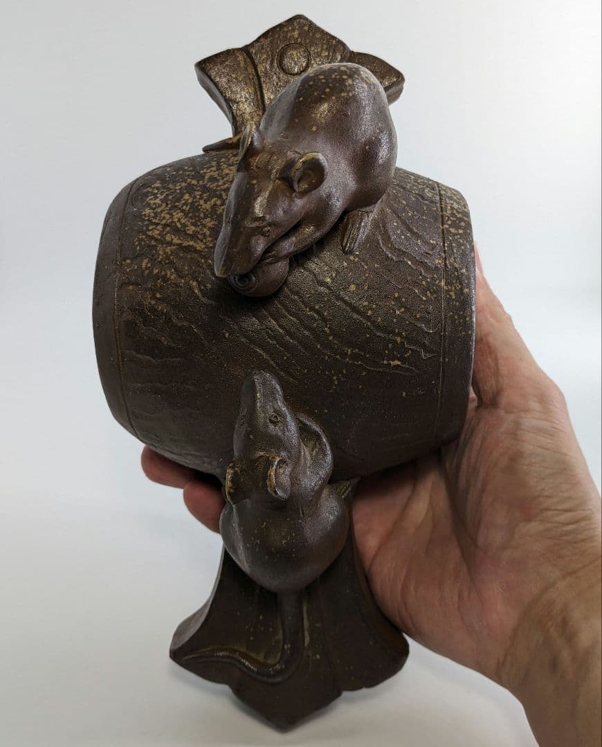 木村長十郎友敬 備前焼 ねずみと打ち出の小槌 置物 細工物 鼠 子年