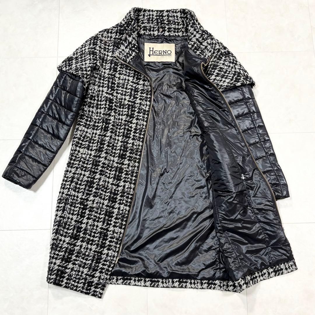 ☆HERNO ヘルノ チェック柄 ツイード切替 ダウンジャケット 中古・古着通販】HERNO (ヘルノ) ツイードダウンジャケット ブラック
