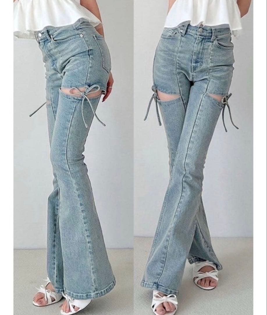 RESEXXY カットアウトリボンデニムパンツ ライトブルー Mサイズ 即日発送！RESEXXY カットアウトリボンデニムパンツ アイスブルー