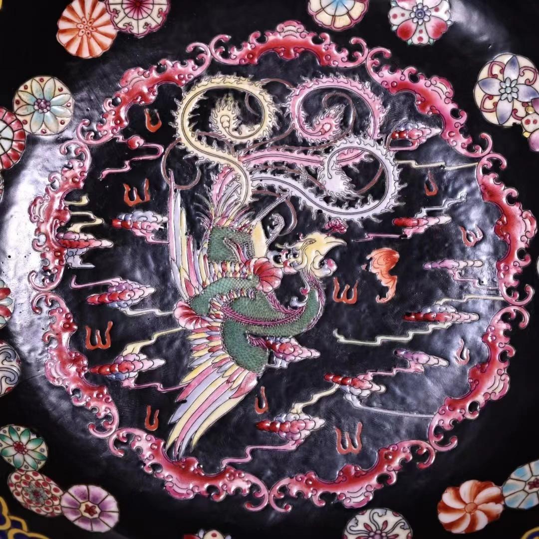 中国古美術・珍蔵粉彩・瑞獣鳳凰絵磁器の中皿・純手描き・