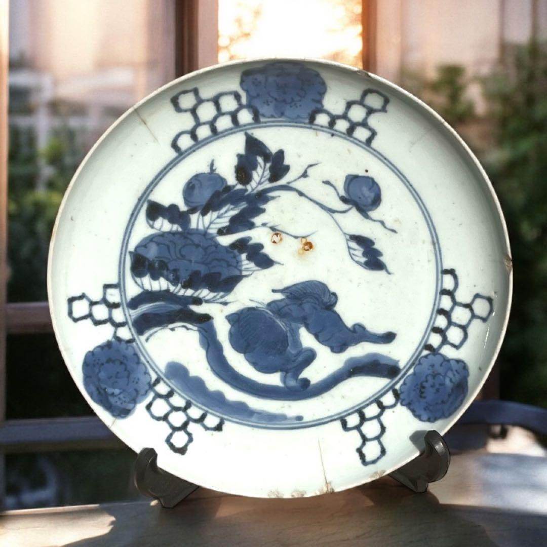 古伊万里 富貴長春 唐獅子牡丹図 染付 江戸期 緣起物 大皿 - メルカリ